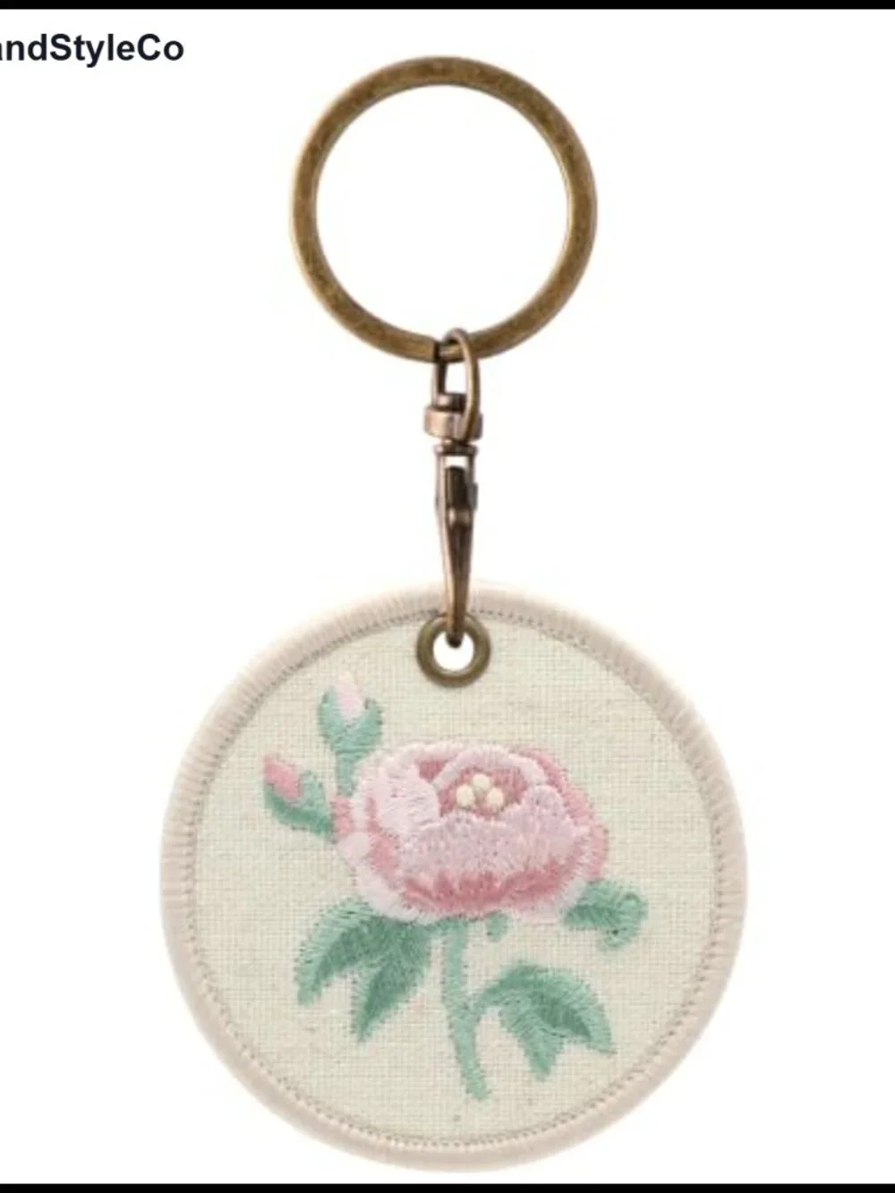 Round Linen Embroidered Floral Keychain Bag Charm